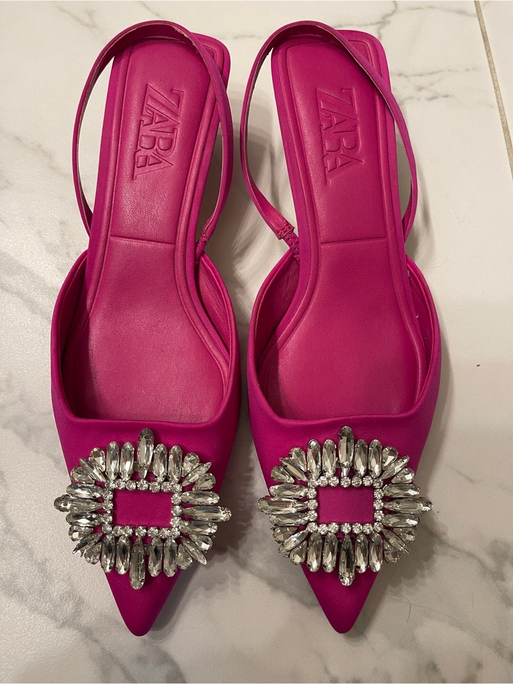 Zara Fuchsia Pointed Slingback Flats with Crystal Embellishment, 38/ 8